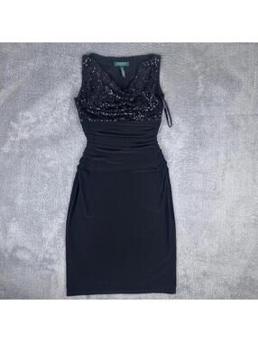 Lauren Ralph Lauren Dress Womens 2 Black Sequin Cowl Neck Ruched Sheath Cocktail